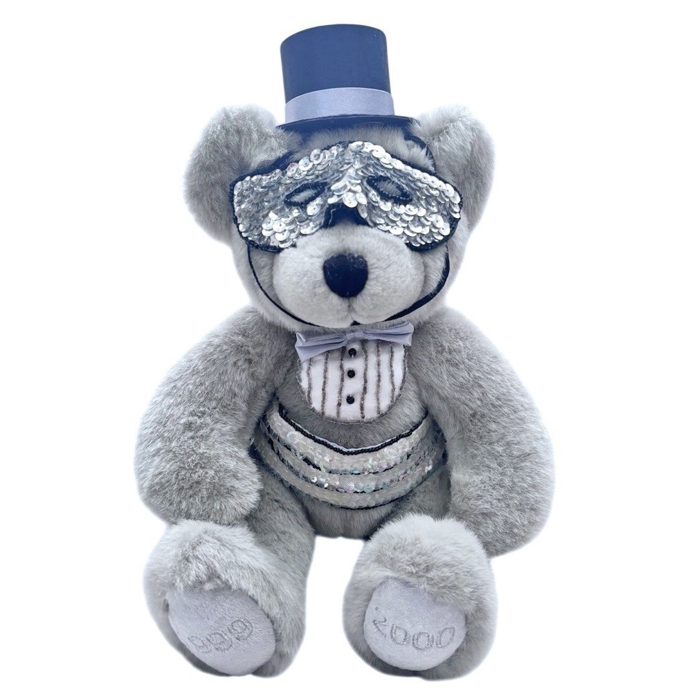 VTG TEDDY BEAR 1999-2000 Millennium Plush Gray Sequin Mask Top Hat Luxury